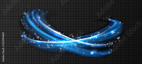 Abstract neon blue curve with snowflakes and shimmering dust png. Winter blizzard, frosty weather, fresh air flow, magic holiday atmosphere. Realistic vector illustration on transparent background