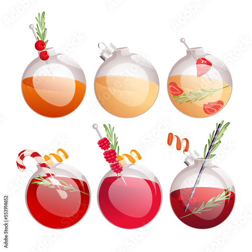 A set of Christmas glass balls with cocktails.Cocktail with raspberries, champagne with strawberries, mimosa, gin and tonic with cranberries, martini.Christmas decorations with cocktails inside.