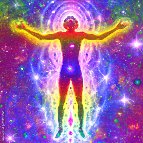 Illustration of a standing man with colorful energy field surrounding him. Generative AI