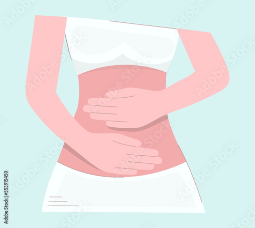 Background of a woman with abdominal pain. Painful periods, appendicitis, premenstrual syndrome, menstrual cramps, diarrhea or constipation. The girl holds her hands on her stomach. healthcare concept