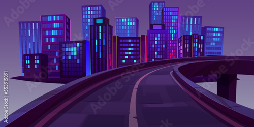 Night cityscape and highway flyover or bridge isolated on grey background. Cartoon vector illustration of dark modern city skyscrapers with illuminated neon windows. Futuristic urban background