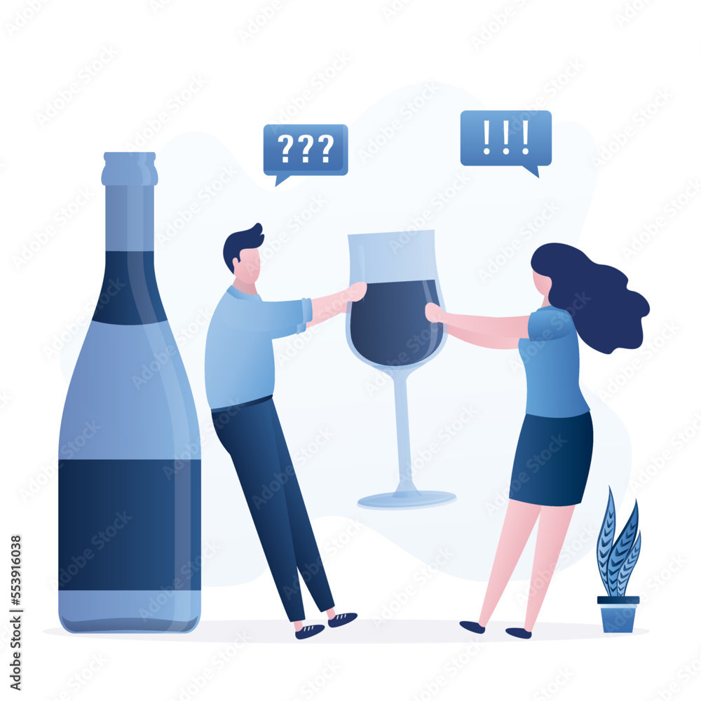 Alcohol addiction. Wife tries to take glass of wine from her husband. Problems in family, alcoholism, social problems, violence. Drunk man wants to drink wine.Big bottle and glass with alcohol. Alcohol addiction. Wife tries to take glass of wine from her husband. Problems in family, alcoholism, social problems, violence. Drunk man wants to drink wine.Big bottle and glass with alcohol.