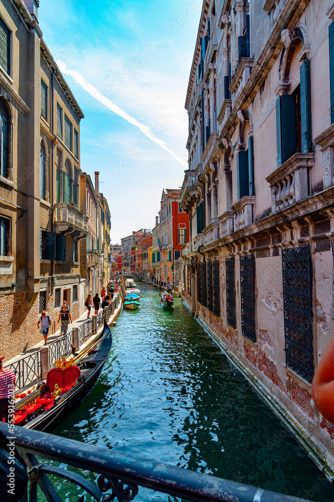 A canal view from a bridge in Venice, Italy