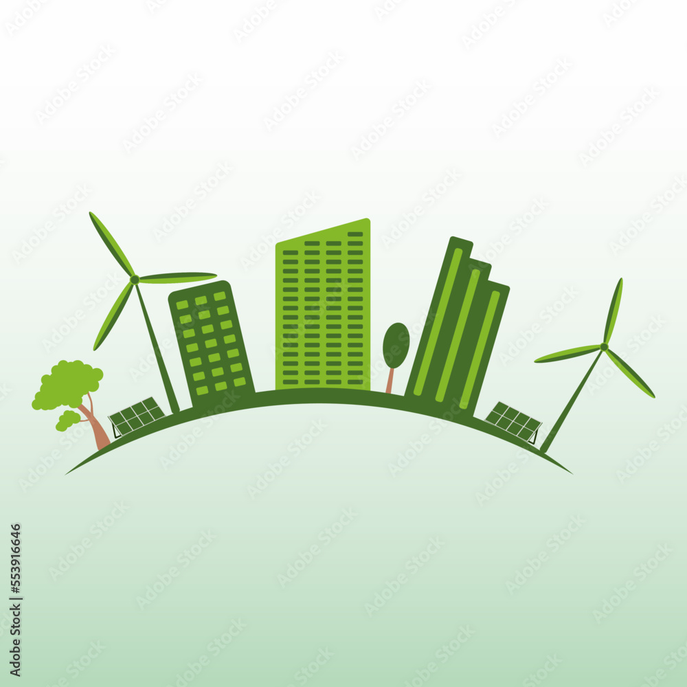 icon, sticker, button, logo on the theme of saving and renewable energy with city, houses, solar panels and Wind turbines in green colors icon, sticker, button, logo on the theme of saving and renewable energy with city, houses, solar panels and Wind turbines in green colors