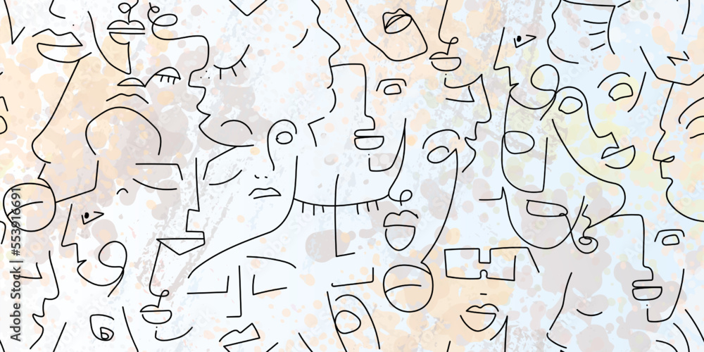 One line drawing. Abstract face seamless pattern.