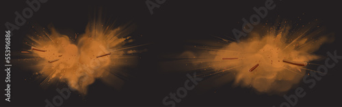 Clouds of cinnamon bark powder and strips scattered in air. Realistic vector illustration set of brown aromatic condiment dust and sticks isolated on black background. Fragrant aromatherapy ingredient