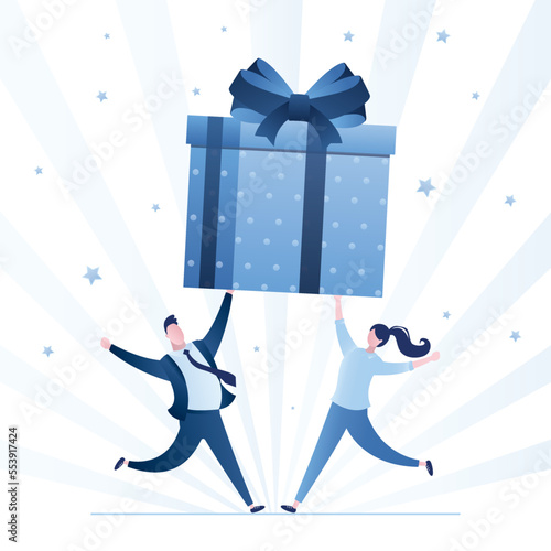 Happy business people hold gift box. Colleagues in jump with prize. Loyalty program, cashback, reward. Gift or reward for best employees of the month or regular customer.