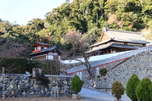 A Japanese temple : a distant view of Kyaku-den Hall and Hoh-o-kaku Pagoda in the precincts of Minohsan-ryoan-ji Temple in Minoh City in Osaka Prefecture 日本のお寺: 大阪府箕面市の箕面山龍安寺境内にある客殿と鳳凰閣の遠景 photo