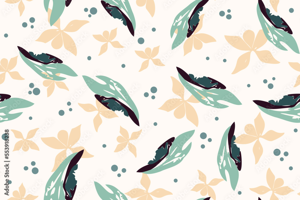 Fototapeta premium Seamless pattern print with sprigs flowers and leaves. Seamless borders, ribbons. Butterflies. Design for textile or duct tape, adhesive tape, wallpaper.