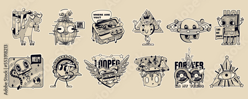 Monochrome psychedelic stickers. Abstract comic icons with emoji faces, mushrooms, dinosaur, coffee, vintage cassette, eye and pager, in y2k style, vector cartoon set