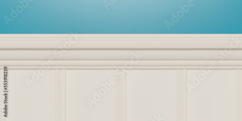 White beadboard or wainscot with top chair guard trim seamless pattern on blue wall. Light wood or gypsum embossed baseboard or skirting under vintage wall panels. Vector illustration photo