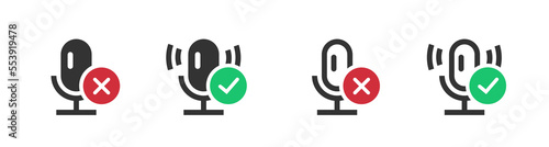 Mute microphone icon vector or mic on off unmute ui record speaker buttons line outline clip art graphic, voice silent rec mode pictogram simple logo clipart image, activate deactivate switch design