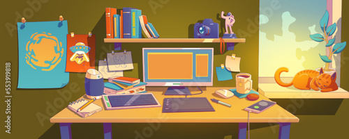 Digital artist home workplace with computer and graphic tablet on desk, books and camera on shelf. Graphic designer room interior with table, monitor, notes, vector illustration in contemporary style