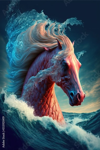 Unique fantasy sea horse creature rising from the ocean depths, ancient mythical giant aquatic animal.