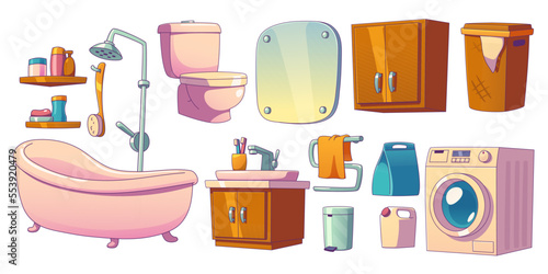 Bathroom furniture, bath with shower, toilet bowl, sink, mirror, washing machine, basket and cupboard isolated on white background, vector illustration in contemporary style