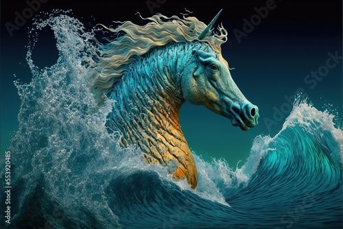 Unique fantasy sea horse creature rising from the ocean depths, ancient mythical giant aquatic animal.