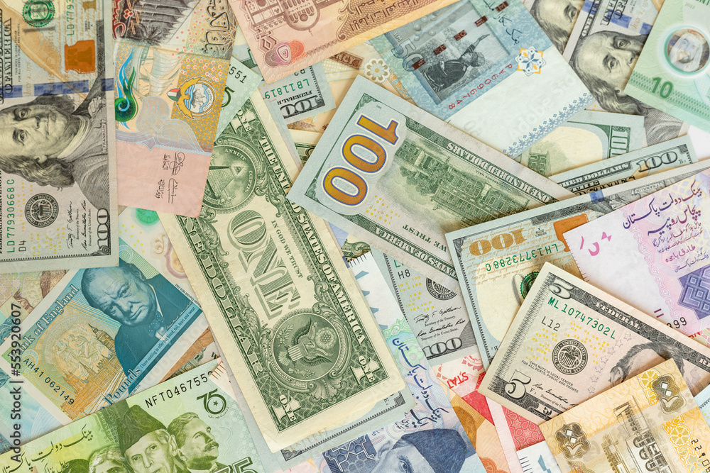 A collection of various currencies of countries