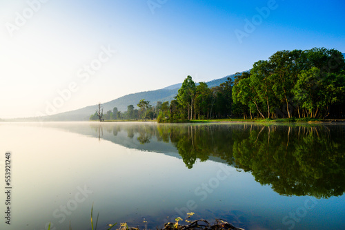 Huay Tueng Thao Lake in the early morning, the lake offers beautiful scenery, fresh air and steam rising from the surface