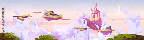 Magic castle on floating island in pink morning sky with fluffy clouds and crescent. Fantasy summer landscape with royal palace on flying ground piece with green grass Cartoon vector illustration