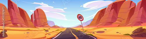 Car road in desert with sand and mountains. Western desert landscape with orange rocks and old asphalt highway with speed limit sign, vector cartoon illustration