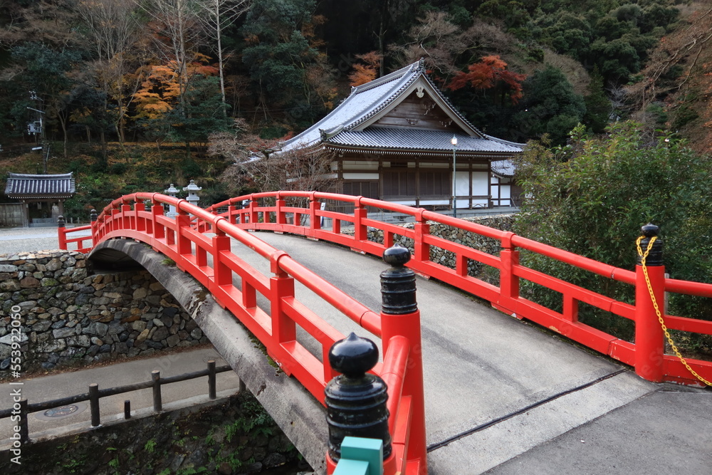 A Japanese temple in Osaka : a scene of Zuiun-bashi Bridge and Kannon-do Hall in the precincts of Minohsan-ryuuan-ji Temple 大阪にある日本のお寺：箕面山龍安寺境内にある瑞雲橋と観音堂の風景