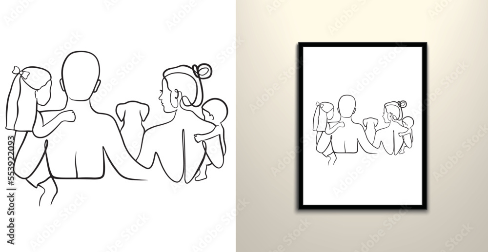 dad and mom and dog with newborn baby and daughter line art drawing ...