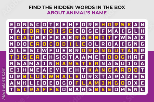 Search word, Puzzle find the hidden words, puzzle cross words Vector illustration, fun games