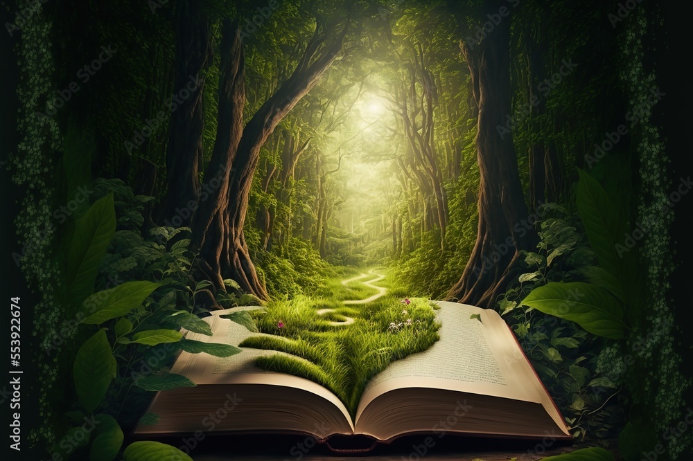 Open book revealing the jungle. Eco concept. Generative AI - obrazy, fototapety, plakaty 