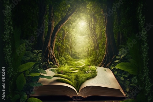 Open book revealing the jungle. Eco concept. Generative AI photo