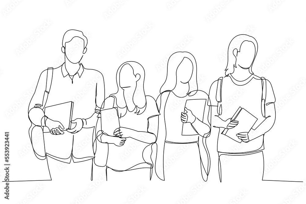 Cartoon of multiethnic group of happy young people walking outdoors. Single line art style