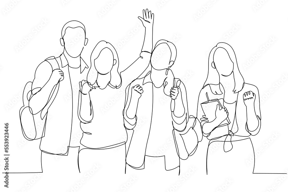 Drawing of group of happy students celebrating success posing and standing. Continuous line art Drawing of group of happy students celebrating success posing and standing. Continuous line art