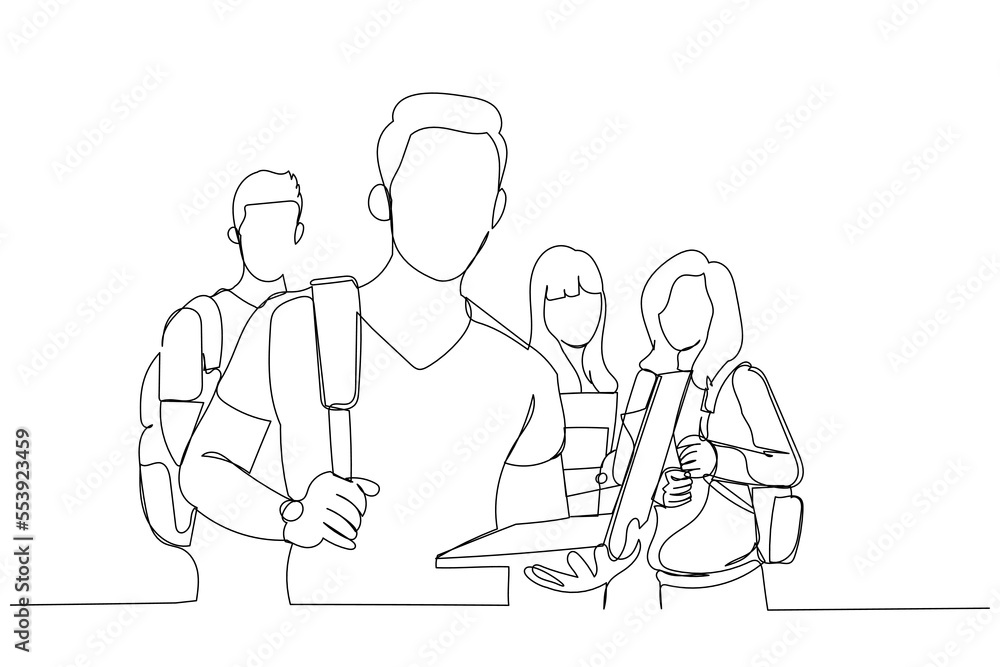Cartoon of young male students with laptop and friends. One line style art Cartoon of young male students with laptop and friends. One line style art