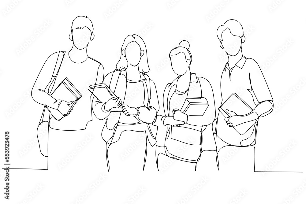 Cartoon of full length asian college students holding subject books standing infront of library. One continuous line art style Cartoon of full length asian college students holding subject books standing infront of library. One continuous line art style
