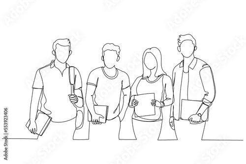 Illustration of group of college students or friends together standing in campus. Single line art style