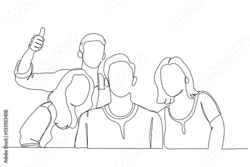 Drawing of Students Posing Together Making Selfie Near University Building Outdoors. Single continuous line art style
