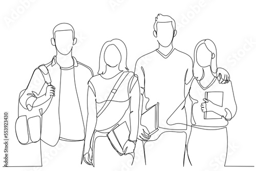Illustration of cheerful college students walking out of campus together, and posing at camera. Single continuous line art style