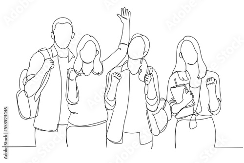 Drawing of group of happy students celebrating success posing and standing. Continuous line art