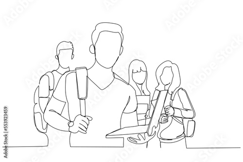 Cartoon of young male students with laptop and friends. One line style art
