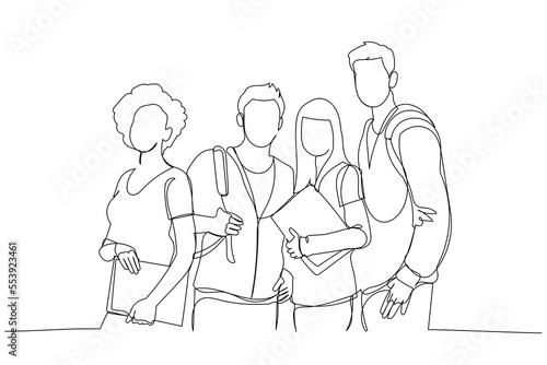 Drawing of Group Of Students holding books posing after calls. Single continuous line art