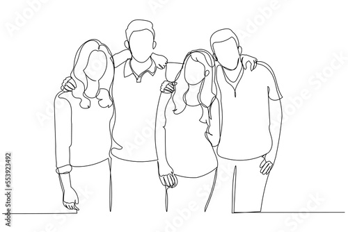 Drawing of group of friends embrace one another. Single continuous line art style