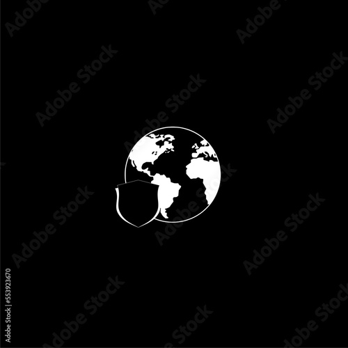 Shield with world globe icon isolated on dark background