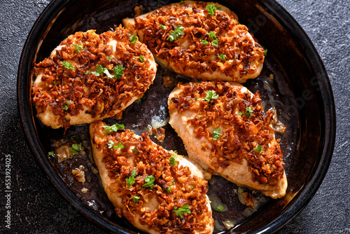 chicken breasts with crunchy fried onion coating