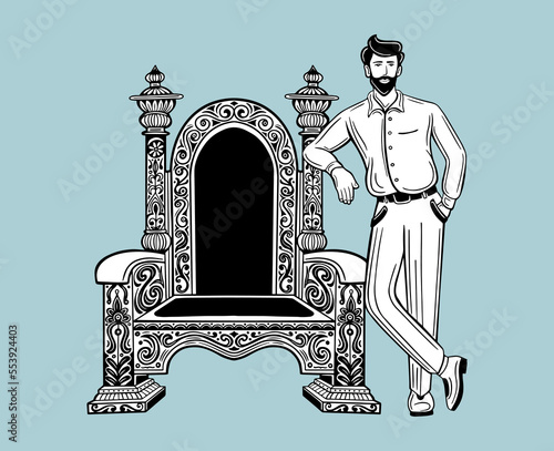 confident, successful man standing with throne chair hand drawn vector illustration
