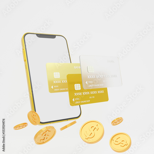 martphone blank display with credit card,gold coins on Isolate white background finance and trading.Shopping mobile app,Cashback and banking,money-saving.Mock up copy space.3D rendering illustration. photo