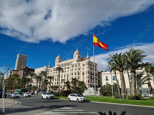 urban landscape from alicante to city center with spanish flag