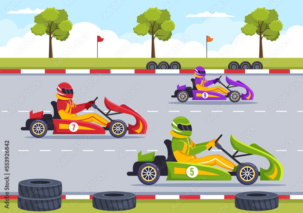 Karting Sport with Racing Game Go Kart or Mini Car on Small Circuit Track in Flat Cartoon Hand Drawn Template Illustration - obrazy, fototapety, plakaty 