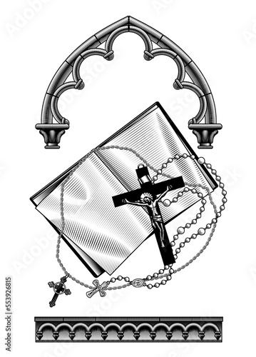 Engraved vintage drawing of old open book with prayer beads, cross and classic gothic architectural decorative elements isolated on white