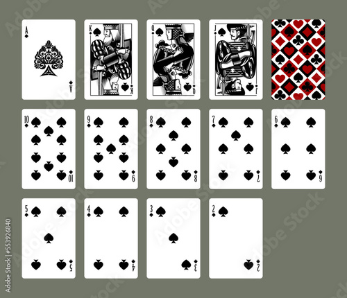 Playing cards set of Spades suit in vintage engraving drawing style in black and red colors