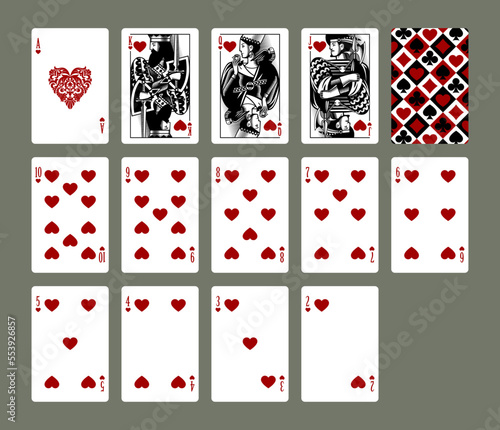 Playing cards set of Hearts suit in vintage engraving drawing style in black and red colors. Vector illustration