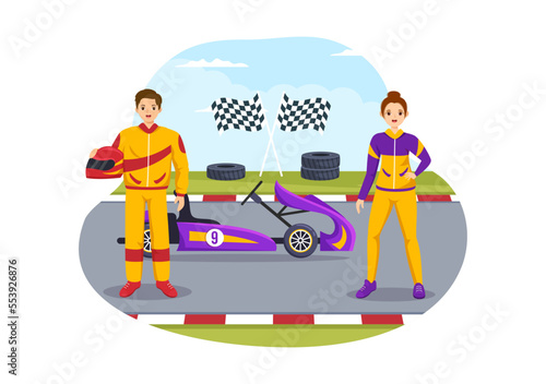 Karting Sport with Racing Game Go Kart or Mini Car on Small Circuit Track in Flat Cartoon Hand Drawn Template Illustration
